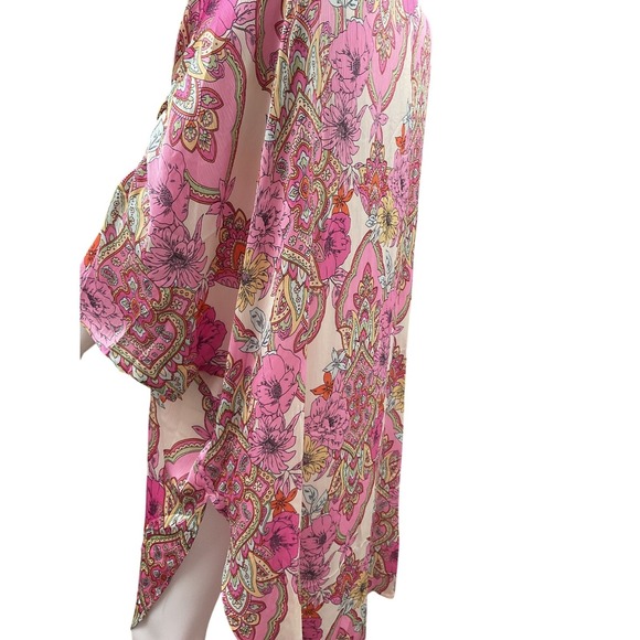 Floral Paisley Print Sheer Pink Kimono Duster Bohemian Festival Cover Up - Picture 5 of 10